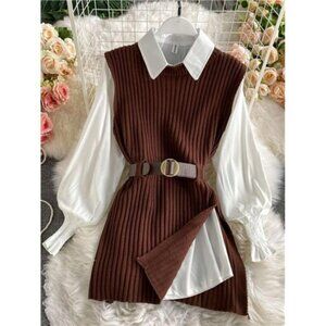Solid Color Round Neck Side Slit Casual Loose Knit Vest Sweater, Autumn/Winter